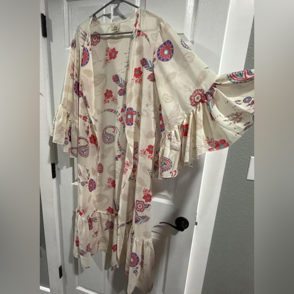 Turquoise Haven Floral Paisley Kimono with Ruffle Sleeves
